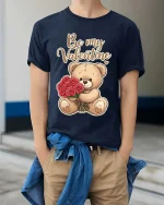 Cute Teddy Bear Be My Valentine T Shirt Romantic Love Tee - model wearing navy tee with hands in pockets