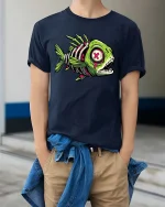 Zombie Fish Skeleton T Shirt Neon Horror Graphic Tee - model wearing navy tee with hands in pockets
