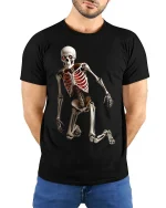 Creepy Dancing Skeleton T Shirt Spooky Glow Ribcage Tee - model wearing black tee with hands behind back
