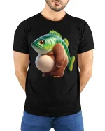 Funny Fish Bear Hybrid T Shirt Cute Weird Animal Graphic Tee - model wearing black tee with hands behind back