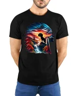 Native Spirit Wolf Feather T Shirt Nature Art Graphic Tee - model wearing black tee with hands behind back