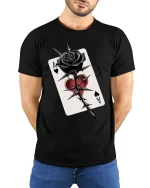 Gothic Black Rose Ace Card T Shirt Dark Love Graphic Tee - model wearing black tee with hands behind back