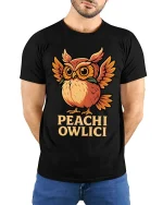 Cute Peach Owl T Shirt Funny Owlici Cartoon Graphic Tee - model wearing black tee with hands behind back