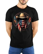 Patriotic Cowboy Bandana T Shirt American Flag Western Tee - model wearing black tee with hands behind back