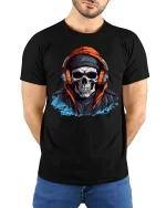 Skull Headphones Hoodie T Shirt Urban Street Style Graphic Tee - model wearing black tee with hands behind back