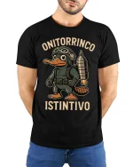 Funny Platypus Aviator T Shirt Onitorrinco Instintivo Tee - model wearing black tee with hands behind back