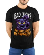 Funny Black Cat Bad Luck T Shirt Sarcastic Personality Tee - model wearing black tee with hands behind back
