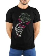 Gothic Skeleton Hand Rose T Shirt Dark Floral Art Tee - model wearing black tee with hands behind back