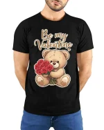 Cute Teddy Bear Be My Valentine T Shirt Romantic Love Tee - model wearing black tee with hands behind back