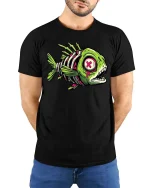 Zombie Fish Skeleton T Shirt Neon Horror Graphic Tee - model wearing black tee with hands behind back
