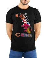 Chicago Sports City Skyline T Shirt Fan Pride Graphic Tee - model wearing black tee with hands behind back
