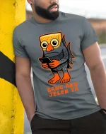 Funny Ugly Fish Meme T Shirt Weird Cartoon Humor Graphic Tee - model wearing grey tee, leaning on column