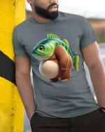 Funny Fish Bear Hybrid T Shirt Cute Weird Animal Graphic Tee - model wearing grey tee, leaning on column