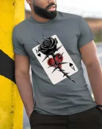 Gothic Black Rose Ace Card T Shirt Dark Love Graphic Tee - model wearing grey tee, leaning on column