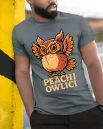 Cute Peach Owl T Shirt Funny Owlici Cartoon Graphic Tee - model wearing grey tee, leaning on column
