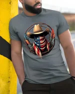 Patriotic Cowboy Bandana T Shirt American Flag Western Tee - model wearing grey tee, leaning on column