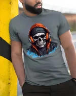 Skull Headphones Hoodie T Shirt Urban Street Style Graphic Tee - model wearing grey tee, leaning on column