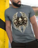 Dark Angel Skull T Shirt Demon Wings Gothic Horror Tee - model wearing grey tee, leaning on column