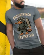 Funny Platypus Aviator T Shirt Onitorrinco Instintivo Tee - model wearing grey tee, leaning on column