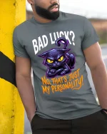 Funny Black Cat Bad Luck T Shirt Sarcastic Personality Tee - model wearing grey tee, leaning on column