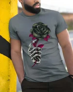 Gothic Skeleton Hand Rose T Shirt Dark Floral Art Tee - model wearing grey tee, leaning on column