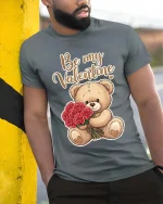 Cute Teddy Bear Be My Valentine T Shirt Romantic Love Tee - model wearing grey tee, leaning on column