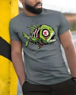 Zombie Fish Skeleton T Shirt Neon Horror Graphic Tee - model wearing grey tee, leaning on column