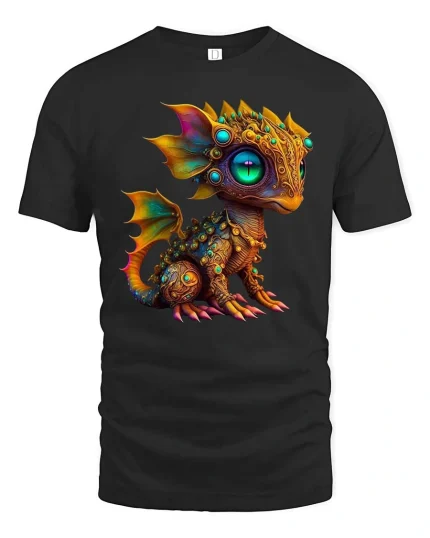Cute Fantasy Dragon Graphic T Shirt Colorful Magical Creature - black t-shirt on white background