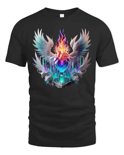 Angel Wings Heart Flame Graphic T Shirt Fantasy Sacred Art - black t-shirt on white background