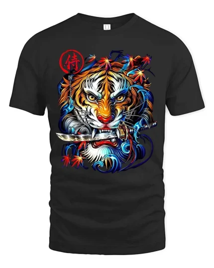 Samurai Tiger Graphic T Shirt Japanese Warrior Street Art Style - black t-shirt on white background