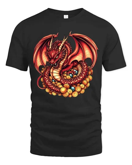 Red Dragon Treasure Graphic T Shirt Fantasy Gold Hoard Art - black t-shirt on white background