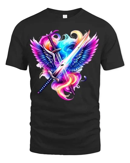 Angel Wings Sword Graphic T Shirt Neon Fantasy Warrior Art - black t-shirt on white background