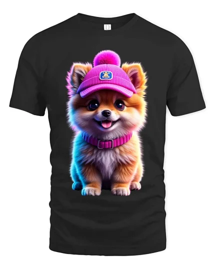 Cute Pomeranian Puppy Hat Graphic T Shirt Adorable Dog Style - black t-shirt on white background
