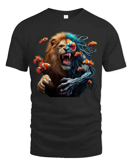 Lion Fish Hybrid Graphic T Shirt Wild Ocean Jungle Fusion Art - black t-shirt on white background