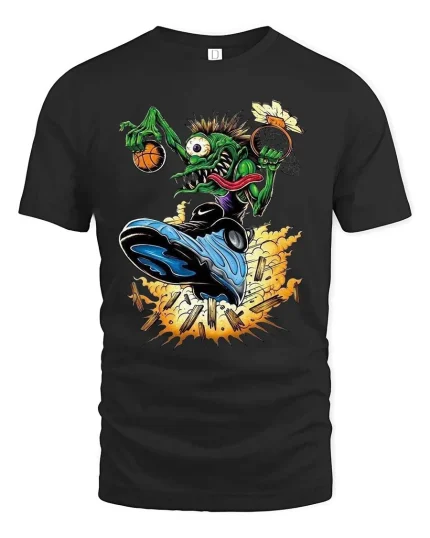 Crazy Alien Basketball Graphic T Shirt Funny Street Dunk Art - black t-shirt on white background