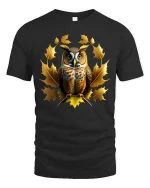 Owl Autumn Leaves Graphic T Shirt Elegant Nature Wildlife Art - black t-shirt on white background