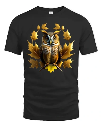 Owl Autumn Leaves Graphic T Shirt Elegant Nature Wildlife Art - black t-shirt on white background