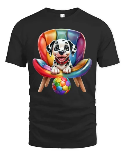 Cute Dalmatian Puppy Chair Graphic T Shirt Colorful Fun Style - black t-shirt on white background