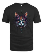 Mystic Cat Face Graphic T Shirt Colorful Tribal Art Style - black t-shirt on white background