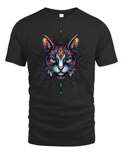 Mystic Cat Face Graphic T Shirt Colorful Tribal Art Style - black t-shirt on white background