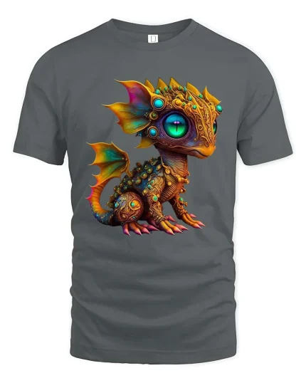 Cute Fantasy Dragon Graphic T Shirt Colorful Magical Creature - gray t-shirt on white background
