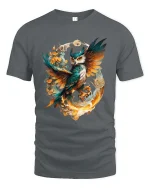 Magical Owl Flame Circle Tshirt Artistic Fantasy Bird Design - gray t-shirt on white background