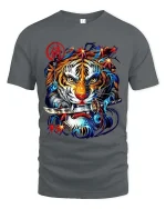 Samurai Tiger Graphic T Shirt Japanese Warrior Street Art Style - gray t-shirt on white background