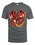 Red Dragon Treasure Graphic T Shirt Fantasy Gold Hoard Art - gray t-shirt on white background