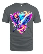 Angel Wings Sword Graphic T Shirt Neon Fantasy Warrior Art - gray t-shirt on white background