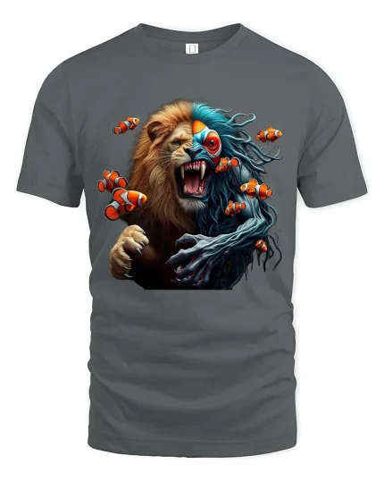 Lion Fish Hybrid Graphic T Shirt Wild Ocean Jungle Fusion Art - gray t-shirt on white background