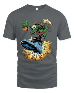 Crazy Alien Basketball Graphic T Shirt Funny Street Dunk Art - gray t-shirt on white background