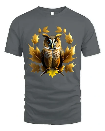 Owl Autumn Leaves Graphic T Shirt Elegant Nature Wildlife Art - gray t-shirt on white background