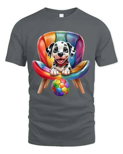 Cute Dalmatian Puppy Chair Graphic T Shirt Colorful Fun Style - gray t-shirt on white background
