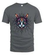 Mystic Cat Face Graphic T Shirt Colorful Tribal Art Style - gray t-shirt on white background